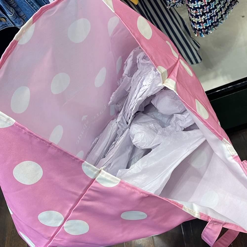 Kate Spade Soft Pink-White Polka Dots Canvas Tote XL Reusable Shopping Beach Bag - Picture 5 of 16
